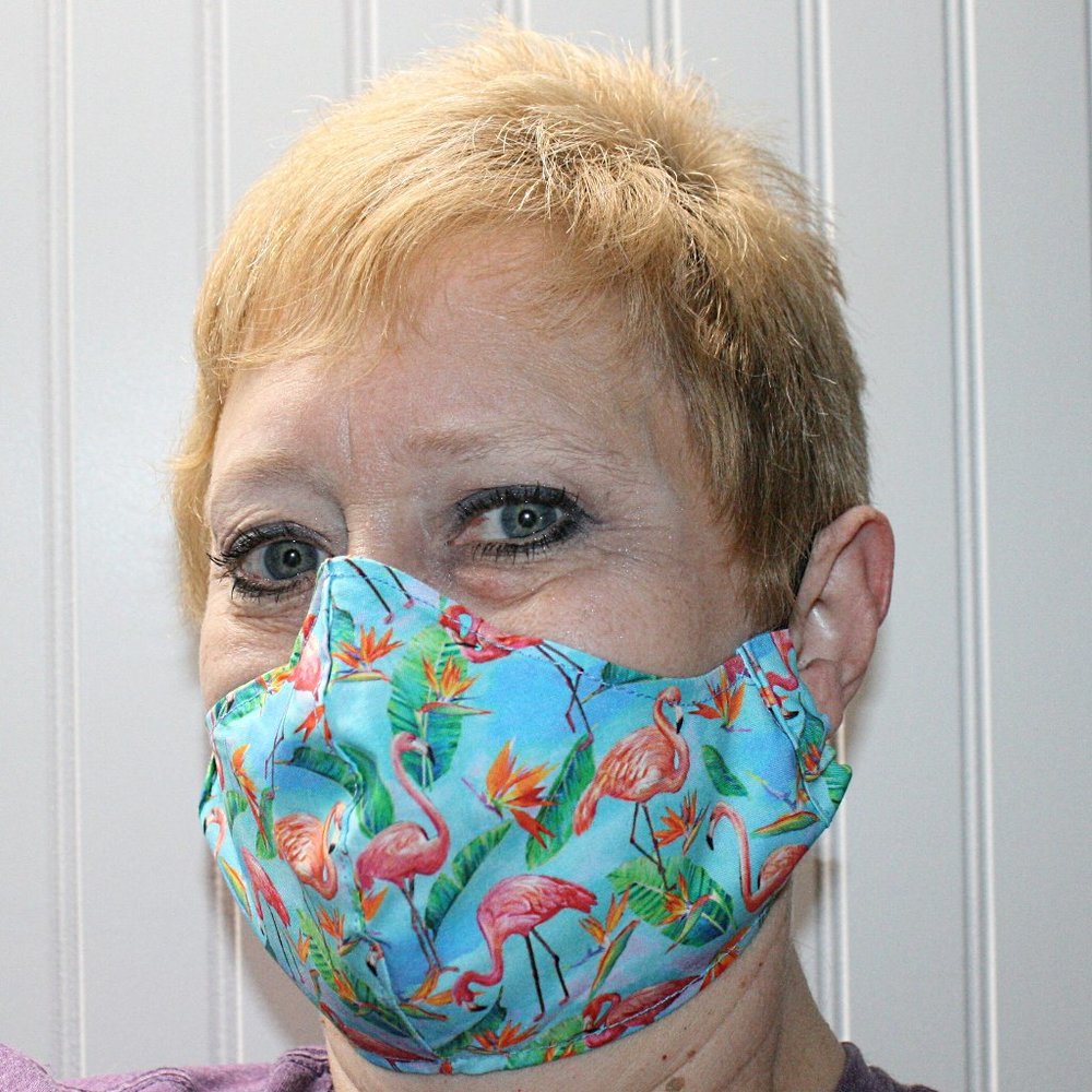 HAND CRAFTED Face Mask Blue Flamingos Adult Cloth Fabric Print - Shield Style